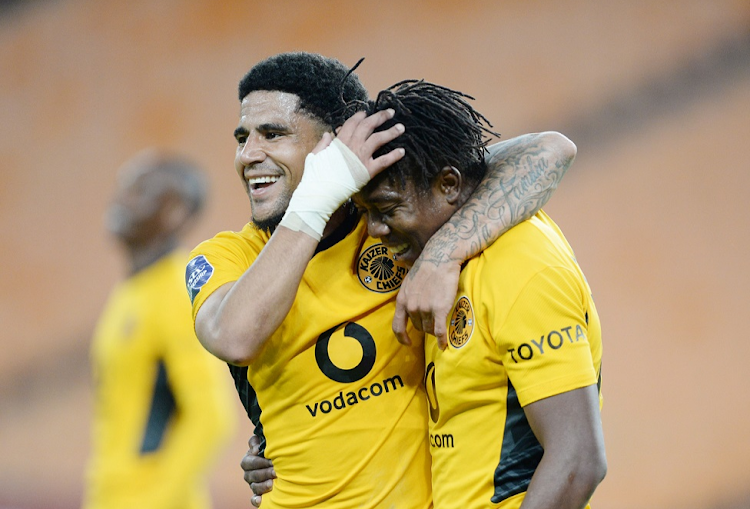 Keagan Dolly of Kaizer Chiefs celebrates his goal with teammate Kgaogelo Sekgota in the DStv Premiership match against Marumo Gallants at FNB Stadium on May 3 2022.