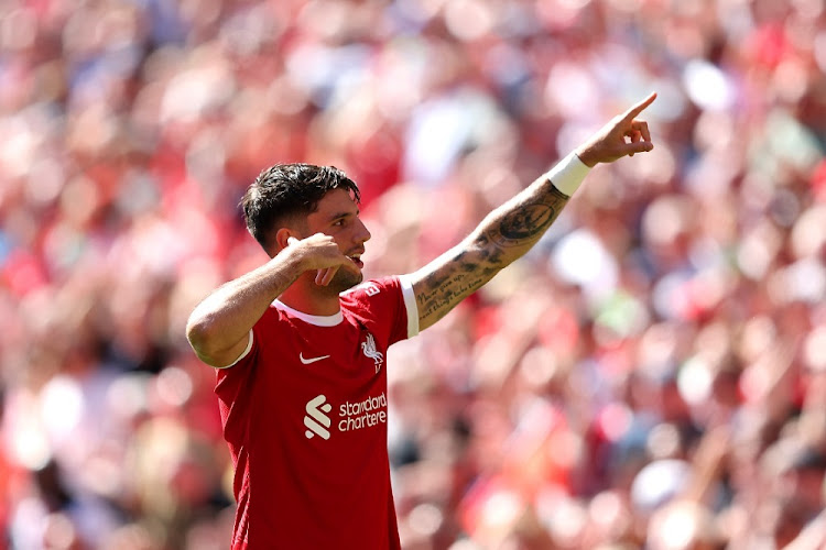 Dominik Szoboszlai of Liverpool celebrates after scoring the team's first goal during the Premier League match between Liverpool FC and Aston Villa at Anfield in Liverpool, England, September 3 2023. Picture: MATT MCNULTY/GETTY IMAGES