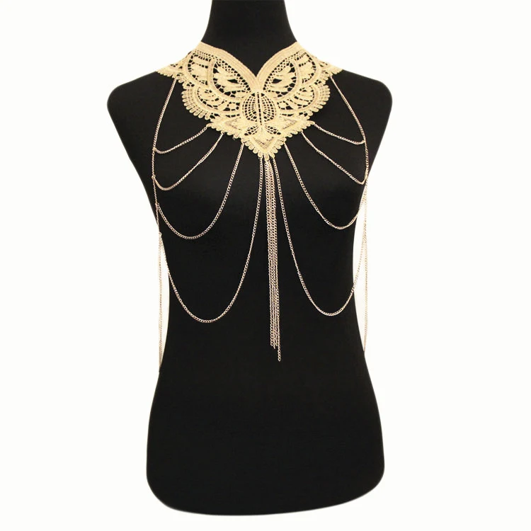 Gouden kanten mode overdreven ketting meerlaagse kwastjes body chains, een statement sieraad voor een elegante en opvallende look.