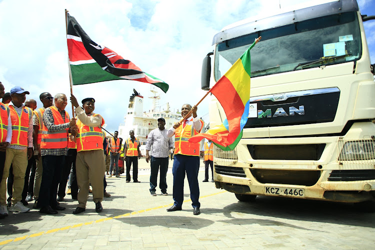 Ethiopia’s Minister of Agriculture Girma Amante, Lamu Governor Issa Timamy and Lamu acting County Commissioner Charles Kitheka at the Port of Lamu on Saturday.