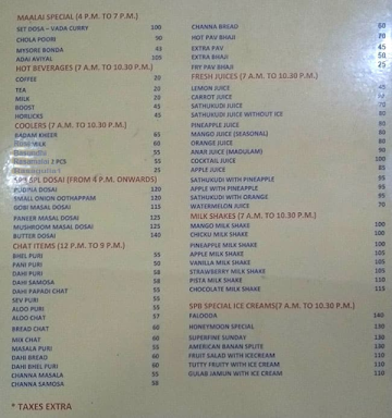 Parvathi Bhavan Restaurant menu 