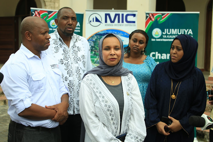 (From left): The Jumuiya ya Kaunti za Pwani (JKP) CEO Emmanuel Nzai, Mombasa county executive member in the department of tourism and trade Mohammed Osman and the Mombasa Investment Corporation CEO Sahale Bawazir during a presser at the Mama Ngina Waterfront in Mombasa