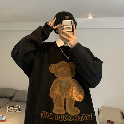 Title 5, Cute Bear Jacquard Sweater Couple Loose and Laz...