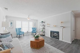 Bright, cozy apartment living room with a fireplace, blue accent chairs, and a wood coffee table on a gray rug.