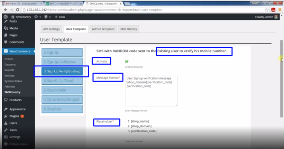 Verification SMS template in WooCommerce