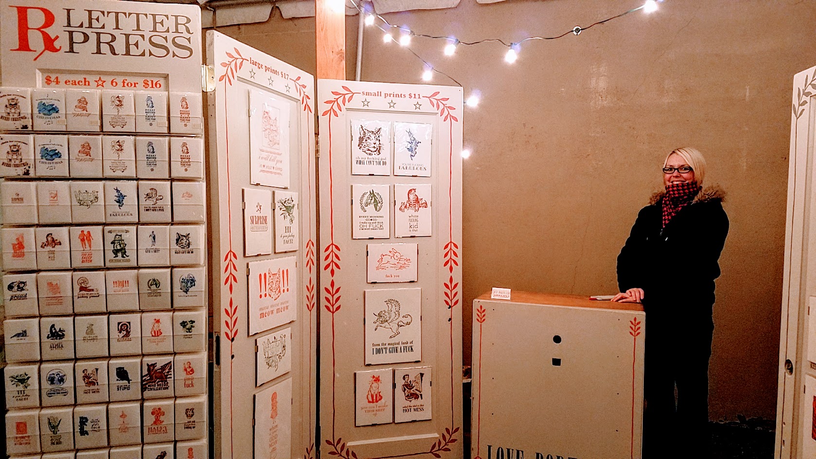 Rx Letterpress the Portland Night Market, held every few months in the Central Industrial District in a warehouse, during the November 2016 market