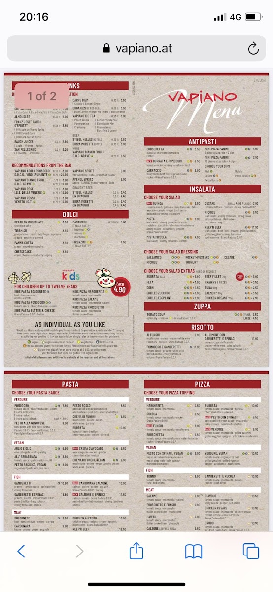 VAPIANO gluten-free menu