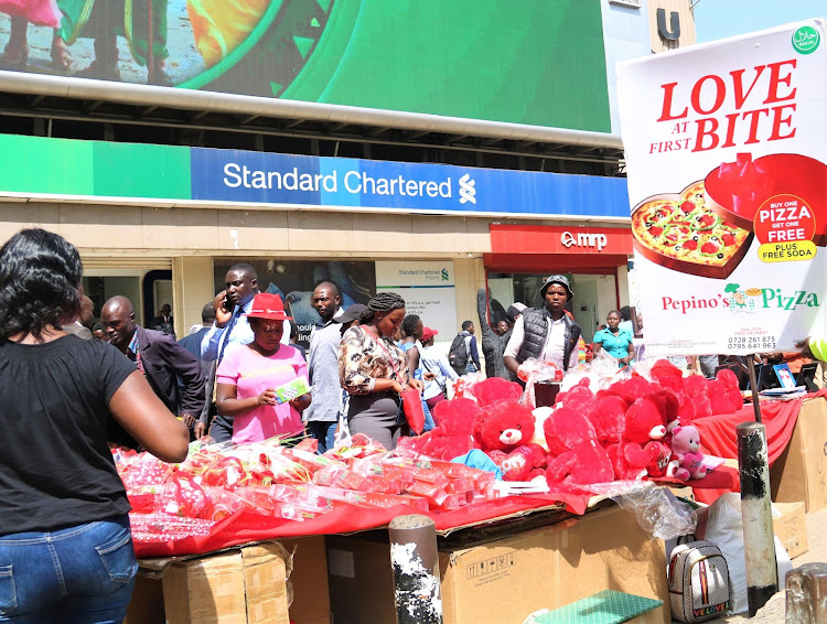 Flower vendors sells flowers made for St Valentines day at Moi avenue on 13th feb 2020.