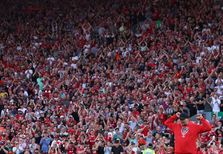 Liverpool manager Juergen Klopp reacts after his last match as Liverpool manager in Sunday's Premier League game against Wolverhampton Wanderers at Anfield in Liverpool.