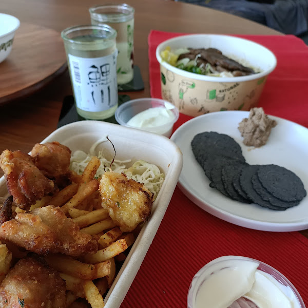 Gluten free karaage, housemade pate, soy brisket bowl and saké