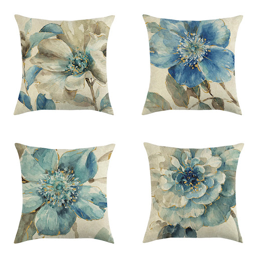 Title 9, Blue style oil painting bird and flower pillow ...