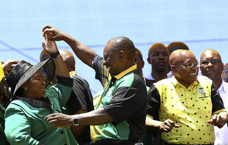 Nkosazana Dlamini-Zuma dances with ANC president Cyril Ramaphosa, alongside President Jacob Zuma, at the ANC's birthday bash. File Photo.