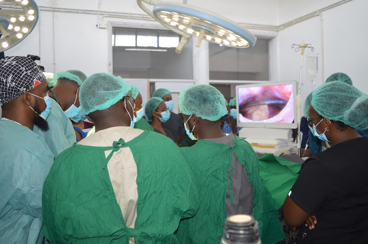 Laparoscopy surgery being undertaken by medical practitioners at the Kiambu Level Five Hospital