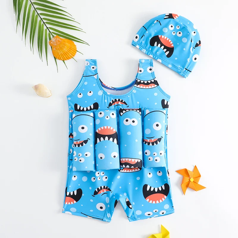 Boy's one-piece buoyancy swimsuit for children, designed to aid in swimming and provide flotation, ideal for pool and be