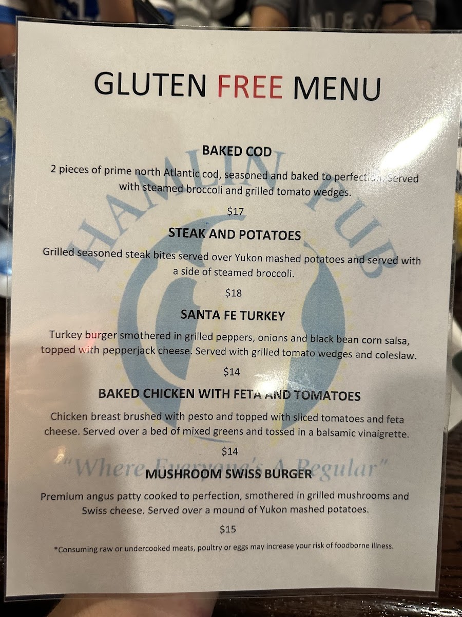 Hamlin Pub gluten-free menu