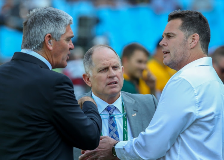 A file photo of Naas Botha, Nick Mallet and Rassie Erasmus during the Rugby Championship match between South Africa's Springboks and the All Blacks of New Zealand at Loftus Versfeld on October 06, 2018.