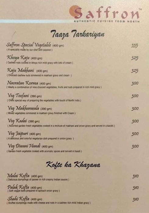 Saffron Restaurant menu 