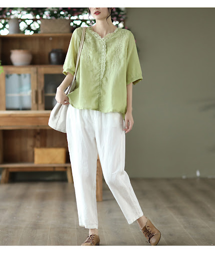 Title 8, Fine Ramie Embroidered Womens V-Neck Lace Pull...