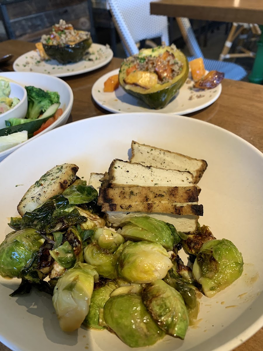 Tofu with roasted Brussels sprouts and maple glazed squash