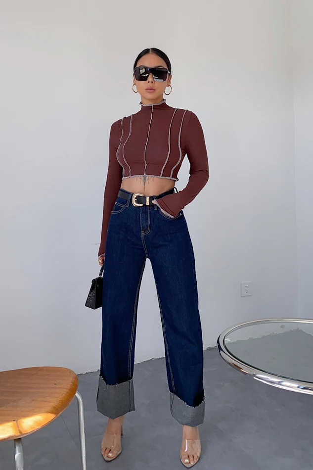 Pantalones anchos de pierna ancha, azul oscuro, con borde rizado en la parte superior, holgados y delgados, para comodidad y estilo.