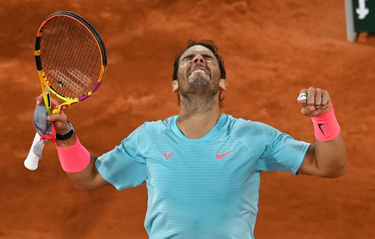 Rafael Nadal of Spain celebrates winning his quarterfinals match against Jannik Sinner of Italy at the French Open, Roland Garros, Paris on October 6, 2020