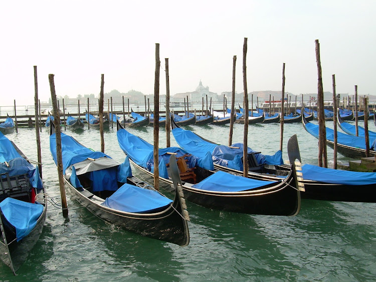 Gondolas at rest in Venice.