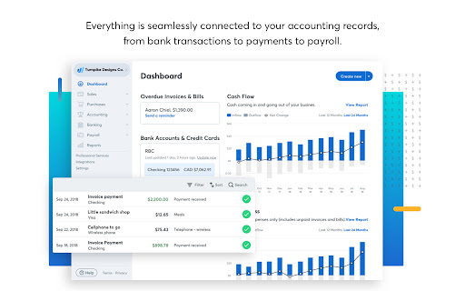 Everything seamlessly connected accounting records, transactions payments payroll. Dashboard 