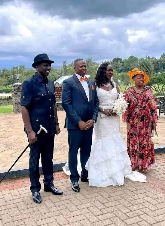 President William Ruto, his brother David Samoei, the bride Carol Kitur and Mama Rachel Ruto pose for a picture ahead of the wedding at Fairmont Mt Kenya Safari Hotel in Nyeri on Friday, December 15, 2023.