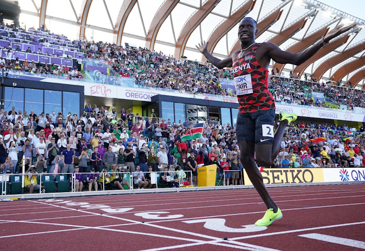 Kenya's Emmanuel Kipkurui Korir celebrates as he crosses the line to win the men's 800m final.