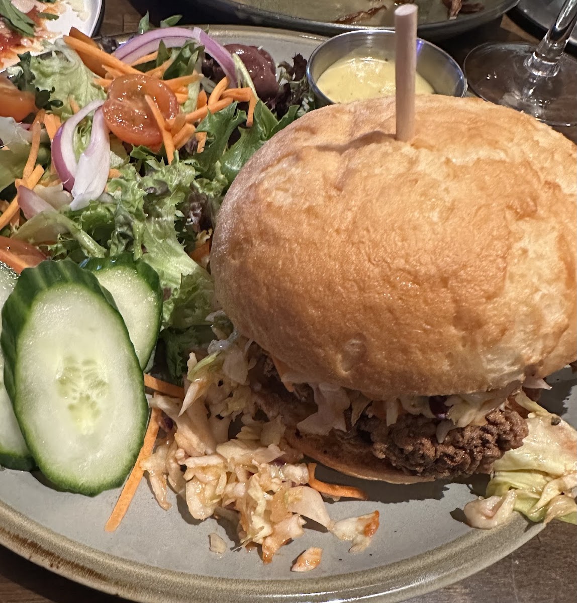 Fried chicken sandwich with salad