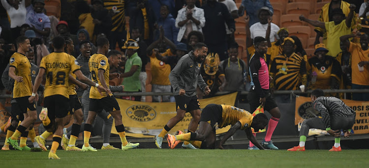 Kaizer Chiefs players celebrate one of the goals for striker Caleb Bimenyimana during their DStv Premiership match against SuperSport United at FNB Stadium on the 17 September 2022.