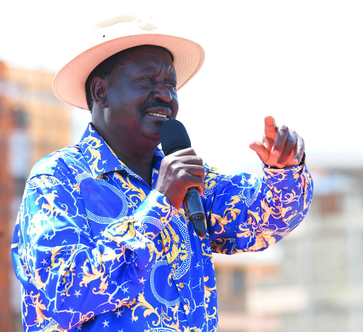 Azimio presidential flag bearer Raila Odinga during the groundbreaking ceremony for the Sh3.5billion housing units at Makasembo estate on Wednesday.