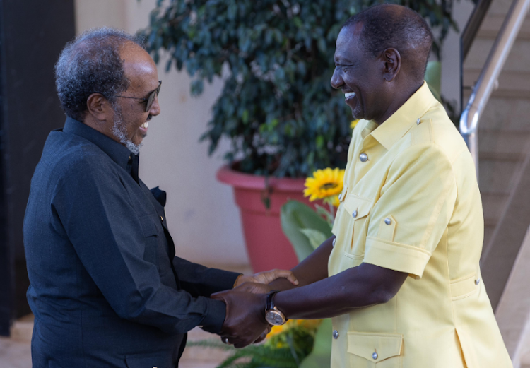 Somalia President Hassan Sheikh Mohamud and President William Ruto shaking hands at State House on May 18, 2024.