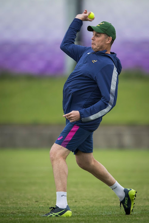 SA head coach Rassie Erasmus throws a tennis ball during a team training session at the Fuchu Asahi Football Park in Tokyo, Japan