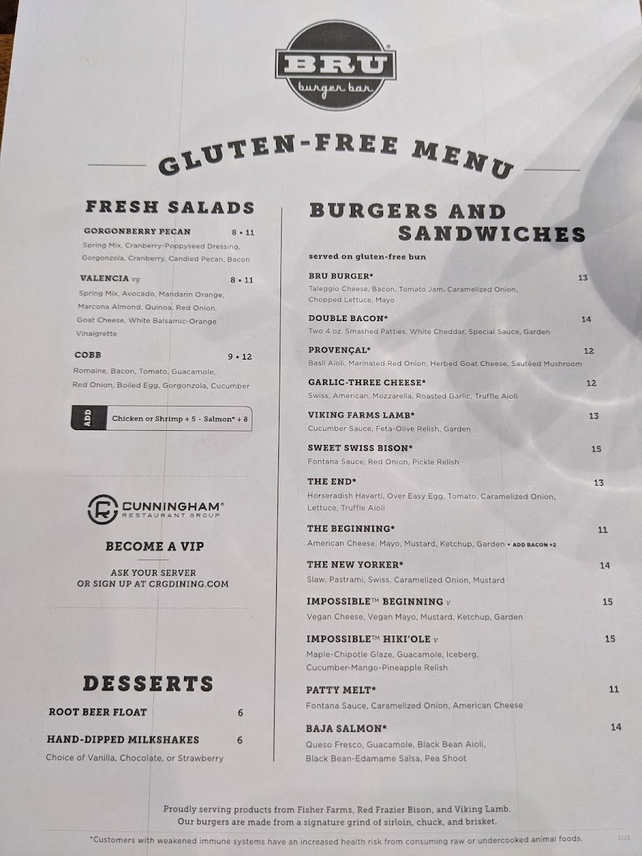 Bru Burger Bar gluten-free menu