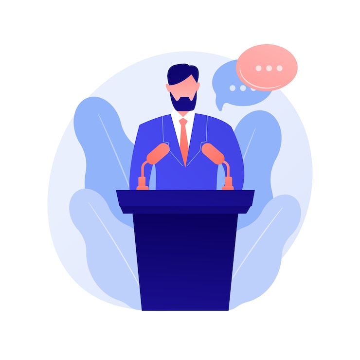 Cartoon man standing at lectern with speech bubbles next to head, representing someone public speaking.