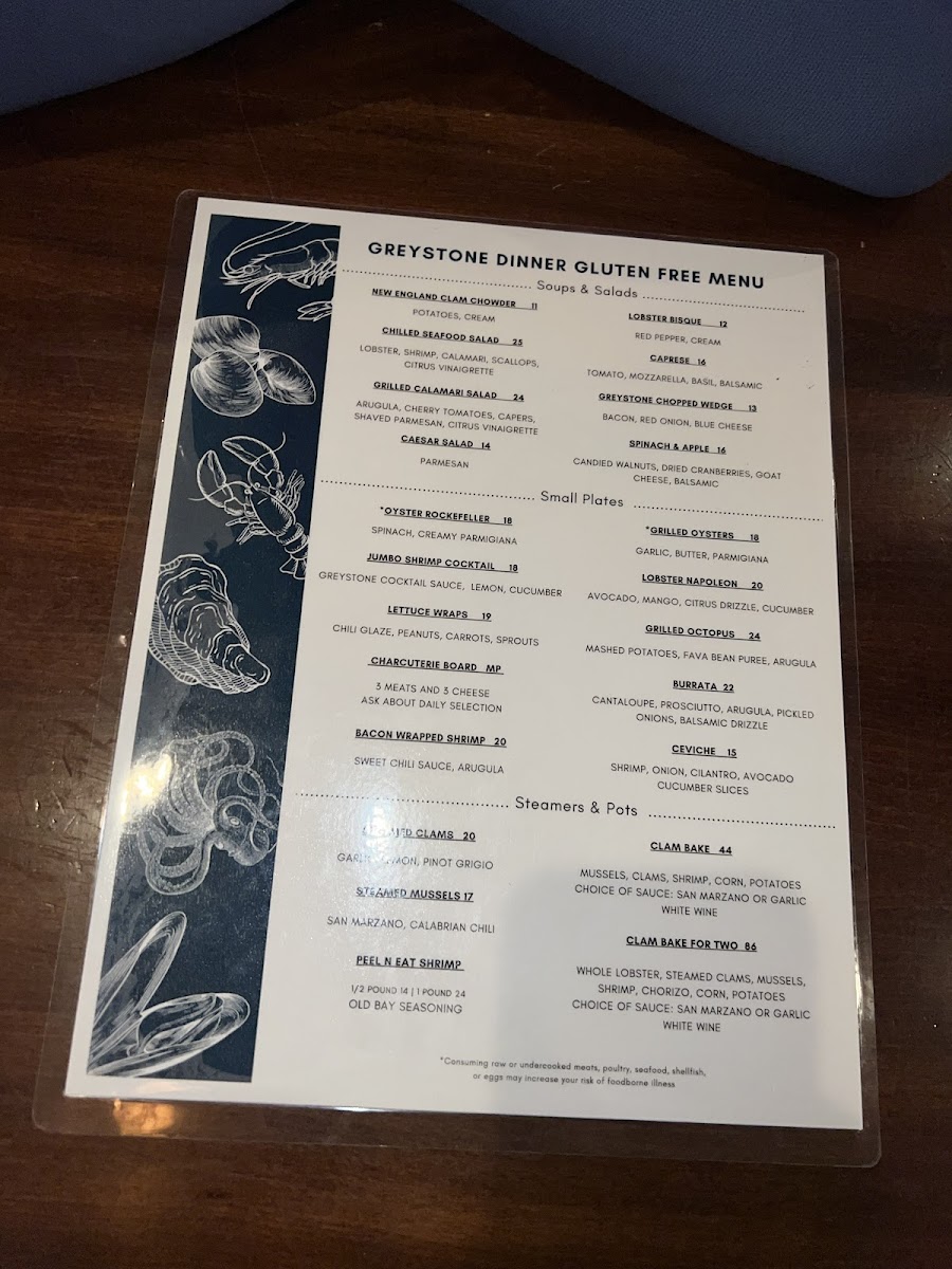 Greystone Oyster Bar gluten-free menu