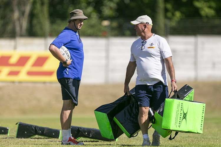 Stormers performance analyst Human Kriek (left) and coach John Dobson during a training session at the Western Province Rugby High Performance Centre in Cape Town on Tuesday.