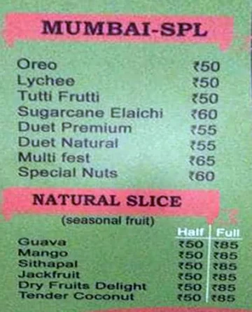 Mumbai Kulfi menu 