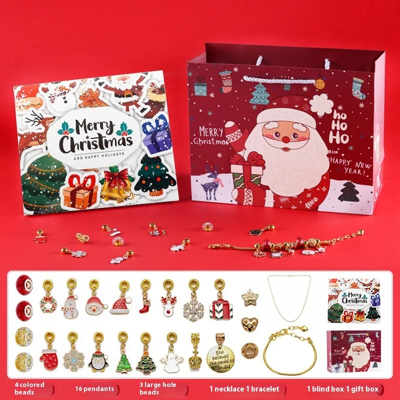 Kalendarz adwentowy DIY dla dzieci, 24 przegródki, zestaw bransoletek, świąteczna niespodzianka, blind box, srebrny.