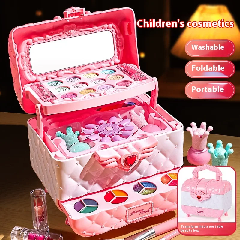 Girls' Cosmetics Suit Makeup Toys Set with Mirror and Brushes. A fun and safe playset for little girls to encourage crea