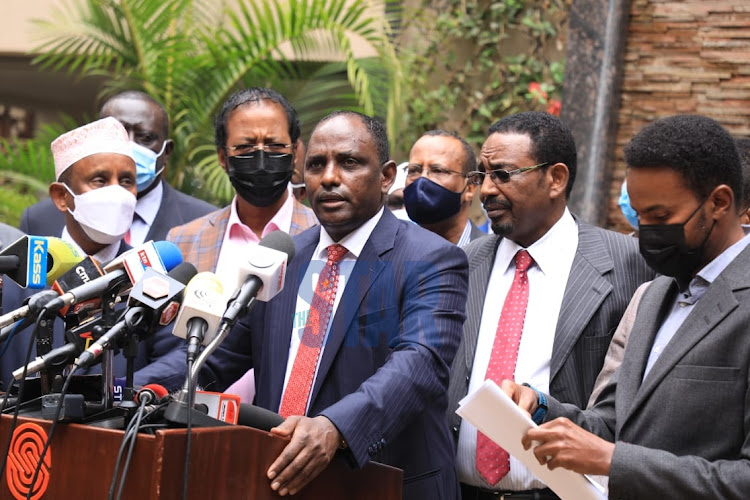 CS Treasury Ukur Yatani accompanied by other leaders from Northeastern speaks during a press briefing in Nairobi on September 2, 2021.