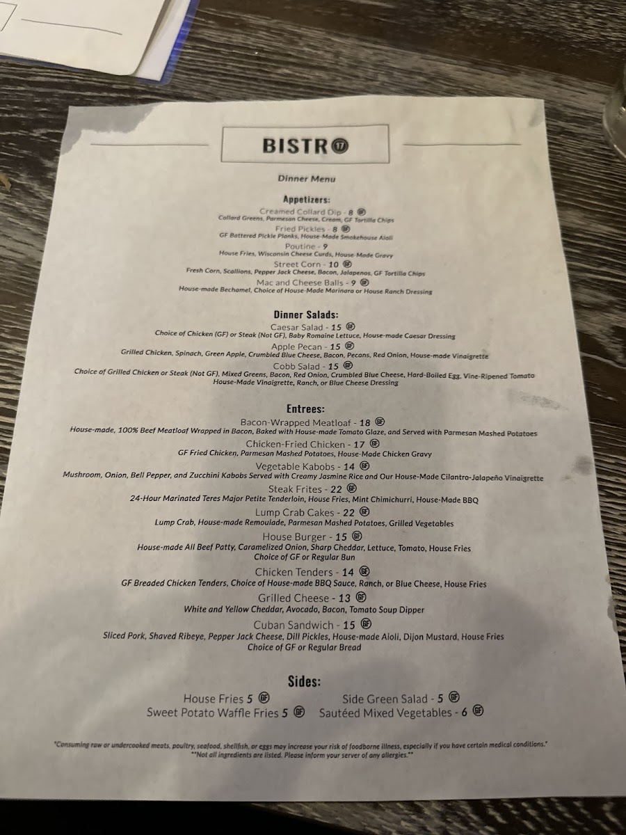 Bistro 17 gluten-free menu