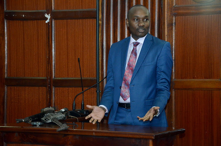 Mwananchi Credit director Dennis Mombo Mwageka testifying in court on May 25