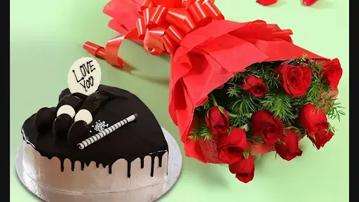 Chocolate Cream Cake And 10 Red Rose Bunch