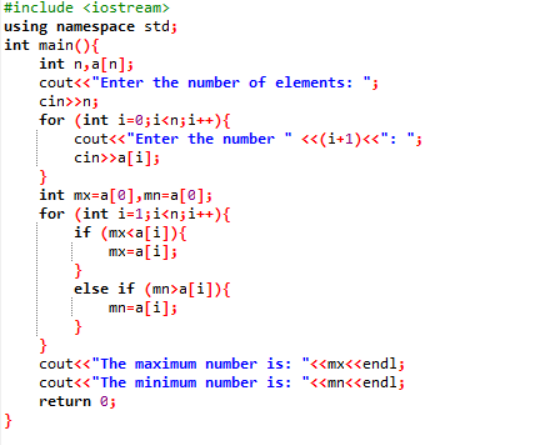 write the program to Find maximum and minimum element in array in c++.