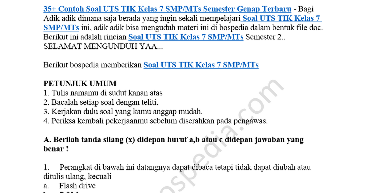 Contoh Soal Tik Kelas 7 Semester 2 - Berbagi Contoh Soal