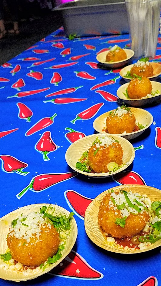 Feast PDX 2016 Night Market dish from Erik Van Kley from Taylor Railworks (Portland, OR): Arancini Ranchero with delicious burrata inside