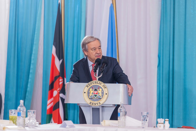 United Nations Secretary General Antonio Guterres speaking at State House during a banquet dinner hosted for him and UN Chief Executive Board in Nairobi on May 3, 2023 .