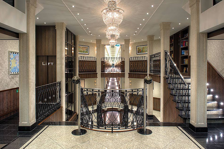 The lobby and reception area of the luxury river ship Grace from Tauck. 